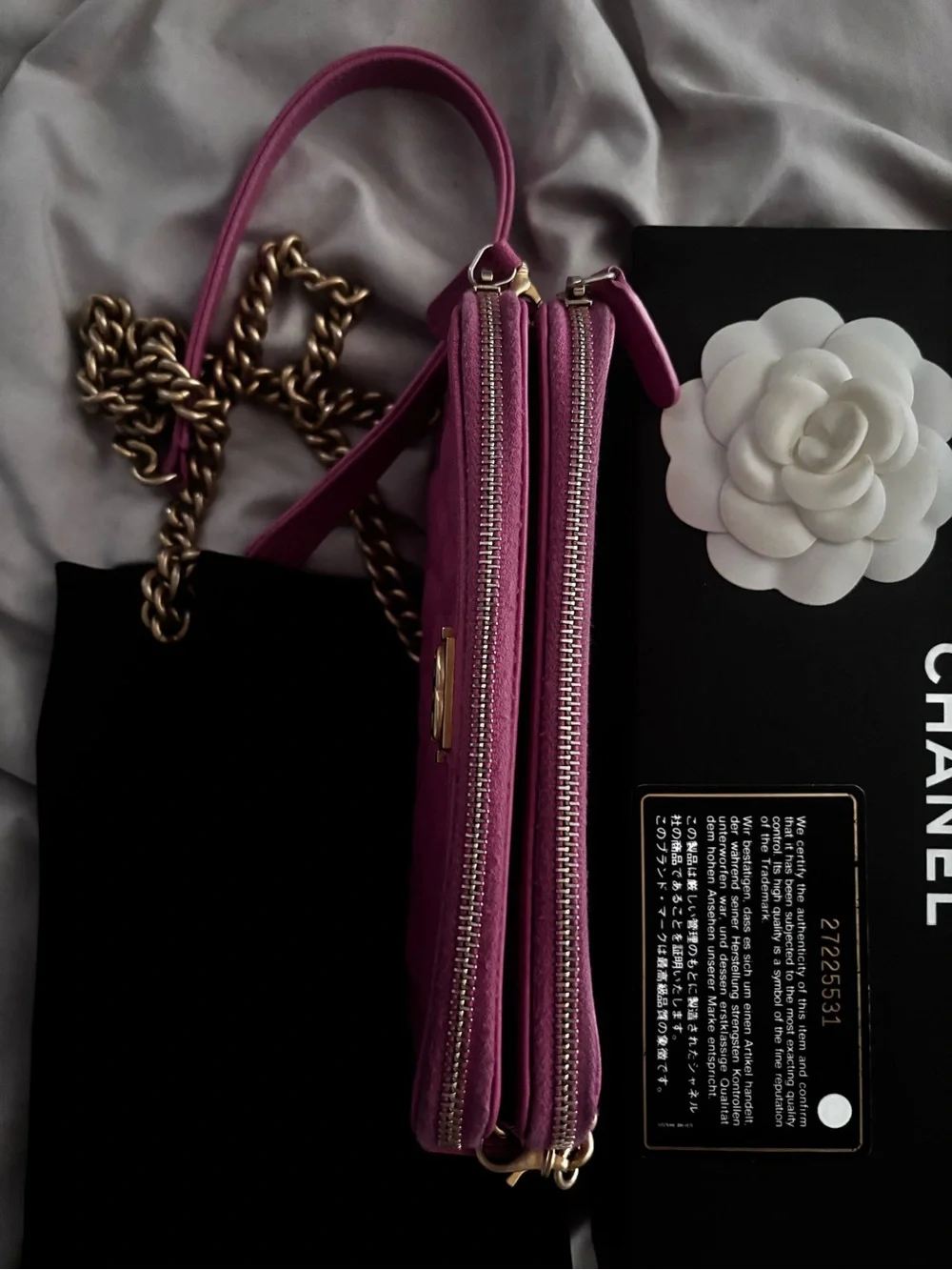 CHANEL Hot Pink Quilted Leather WOC Crossbody with Gold Chain and Box